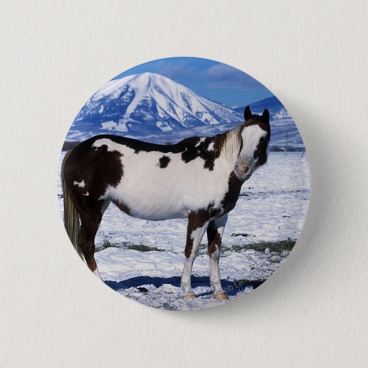 Badge Rond 5 Cm Peignez le cheval se tenant dans la neige (Devant)