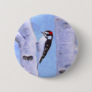 Badge Rond 5 Cm Peinture Downy Woodpecker - Art original pour oise