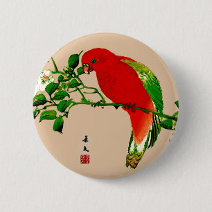 Badge Rond 5 Cm Peinture japonaise vintage d'un perroquet, rouge e