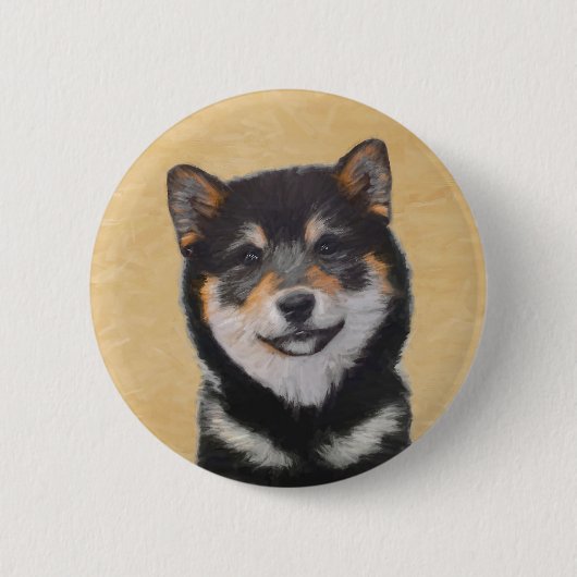Badge Rond 5 Cm Peinture Shiba Inu (Noir et Tan) - Art Chien (Devant)
