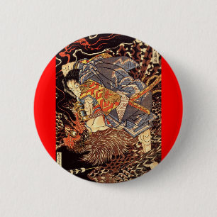 Badge Rond 5 Cm Peinture tuante samouraï de Tengu/oiseau, C.
