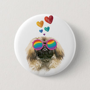 Badge Rond 5 Cm Pékinois avec coeurs Saint-Valentin