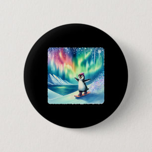 Badge Rond 5 Cm Penguin Snowboard Sous Aurora Boreali Coloré