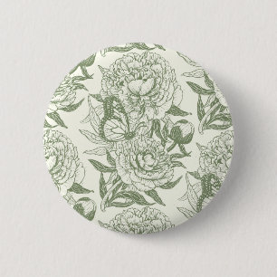 Badge Rond 5 Cm Peoné et papillons bloc impression, sauge vert et