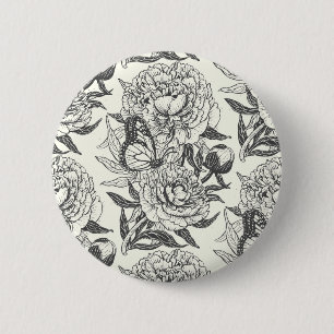 Badge Rond 5 Cm Peonies et papillons bloquent l'impression, noir e