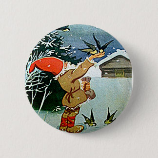 Badge Rond 5 Cm Père Noël alimentant des oiseaux à la main dans la