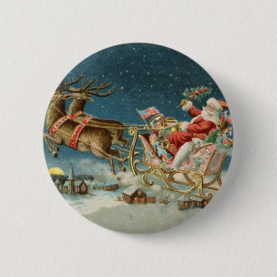 Badge Rond 5 Cm Père Noël Antique Sleigh Reindeer