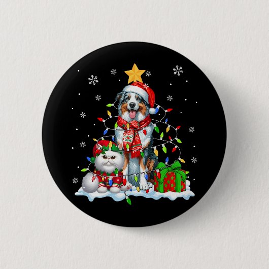 Badge Rond 5 Cm Père Noël Australian Shepherd avec Elf Cat Noël L (Devant)