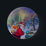 BADGE ROND 5 CM PÈRE NOËL AVEC JOUETS ET ENFANT DANS LA NEIGE D'HI<br><div class="desc">Collage numérique coloré avec une Père Noël vintage,  paysage hivernal enneigé avec cathédrale gothique .</div>