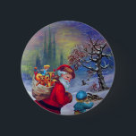 BADGE ROND 5 CM PÈRE NOËL AVEC JOUETS ET ENFANT DANS LA NEIGE D'HI<br><div class="desc">Collage numérique coloré avec une Père Noël vintage,  paysage hivernal enneigé avec cathédrale gothique .</div>