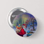 BADGE ROND 5 CM PÈRE NOËL AVEC JOUETS ET ENFANT DANS LA NEIGE D'HI (Devant & derrière)