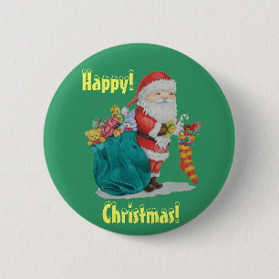 Badge Rond 5 Cm père Noël avec sac vert prêt pour Noël