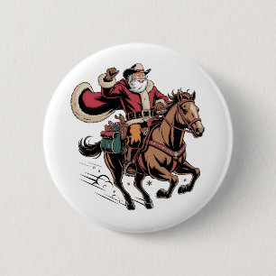 Badge Rond 5 Cm Père Noël cow-boy à cheval Noël