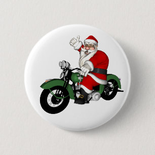 Badge Rond 5 Cm Père Noël drôle sur une vieille moto verte vintage