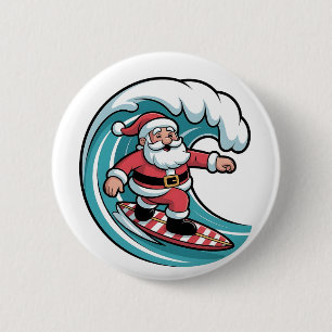 Badge Rond 5 Cm Père Noël en surf Noël Surfeur Vacances Plage