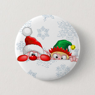Badge Rond 5 Cm Père Noël et Elfe Mignon et drôle de dessin animé