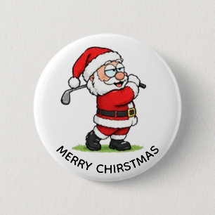 BADGE ROND 5 CM PÈRE NOËL JOUEUR DE GOLF JOYEUX NOËL
