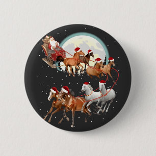 Badge Rond 5 Cm Père Noël montant des chevaux, traîneau équestre