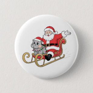 Badge Rond 5 Cm Père Noël Riding Sleigh avec Moo Deng Baby Hippo
