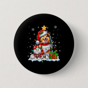 Badge Rond 5 Cm Père Noël Sheltie avec Elf Cat Noël Lumières Propr