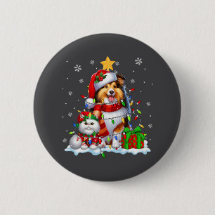 Badge Rond 5 Cm Père Noël Sheltie avec Elf Cat Noël Lumières Propr
