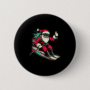 Badge Rond 5 Cm Père Noël Skiant - Sport d'Hiver de Noël Vintage