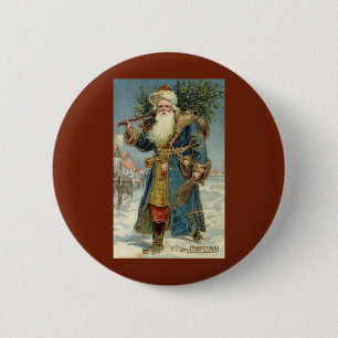 Badge Rond 5 Cm Père Noël victorien vintage avec sapin de Noël