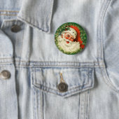 Badge Rond 5 Cm Père Noël vintage avec couronne de pin (En situation)