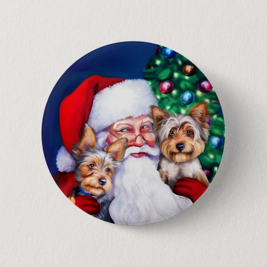 Badge Rond 5 Cm Père Noël Yorkies à Noël (Devant)