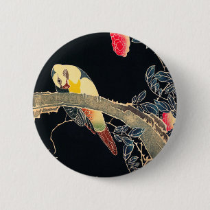 Badge Rond 5 Cm Perroquet sur la branche d'un Rose en fleurs Bush