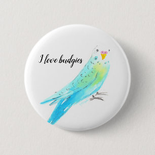 Badge Rond 5 Cm Perruche Bouddhique Aquarelle Bleue