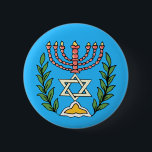 Badge Rond 5 Cm Persian Magen David Menorah<br><div class="desc">Cette image a été adaptée à partir d'un carrelage juif perse antique et présente une menorah avec un Magen David (Étoile de David) encadré de branches d'olivier. Les imperfections de l'image originale peinte à la main ont été conservées.</div>