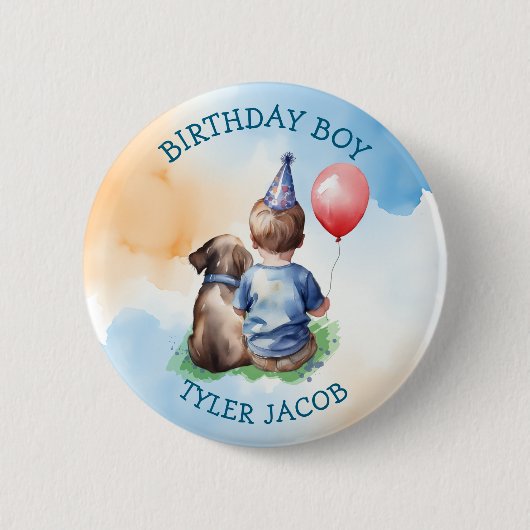 Badge Rond 5 Cm Personnalisé Birthday Boy | Chiot et bébé (Devant)