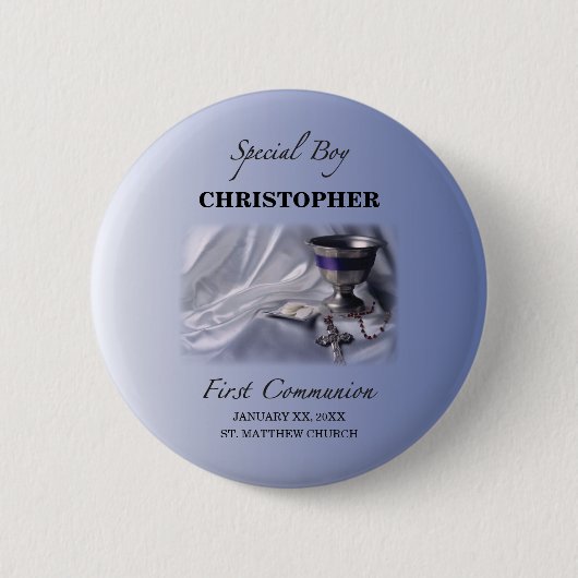 Badge Rond 5 Cm Personnaliser, Garçon, bleu première communion (Devant)