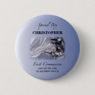 Badge Rond 5 Cm Personnaliser, Garçon, bleu première communion