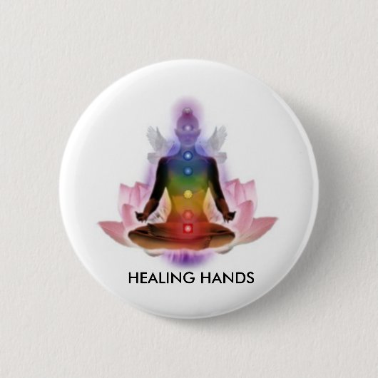 BADGE ROND 5 CM PERSONNE DE CHAKRA LOTUS, MAINS CURATIVES (Devant)