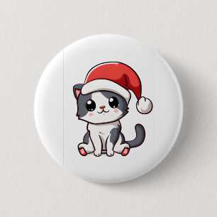 Badge Rond 5 Cm Petit chaton de Noël portant le chapeau de Père No