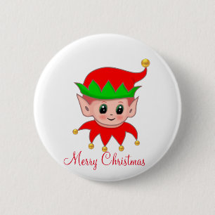 Badge Rond 5 Cm Petit elfe de Noël et clochettes dorées