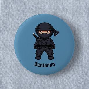 Badge Rond 5 Cm Petit guerrier ninja sur fond bleu