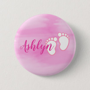 Badge Rond 5 Cm Petit nom de pieds de bébé d'empreinte de pas rose