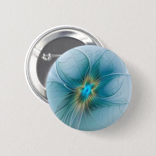 Badge Rond 5 Cm Petite Beauté Moderne Bleu Or Fractal Art Flower (Devant & derrière)