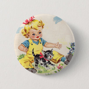 Badge Rond 5 Cm petite fille adorable avec le petit chaton