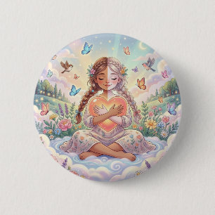 Badge Rond 5 Cm Petite Fille Enlaçant un Cœur Paisible
