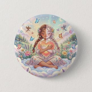 Badge Rond 5 Cm Petite Fille Enlaçant un Cœur Paisible