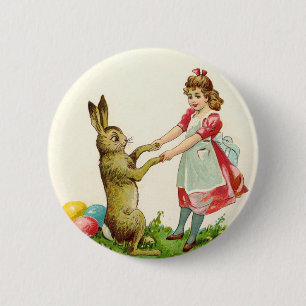 Badge Rond 5 Cm Petite fille vintage Danse avec lapin Oeuf de Pâq