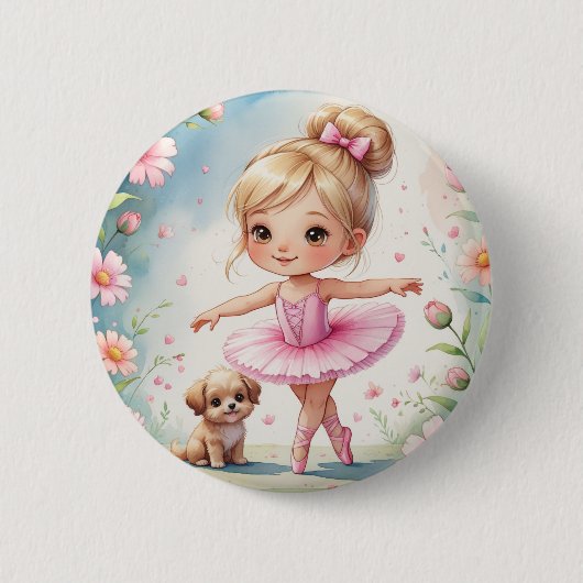 Badge Rond 5 Cm Petite Prima Ballerina enchantée et chiot (Devant)