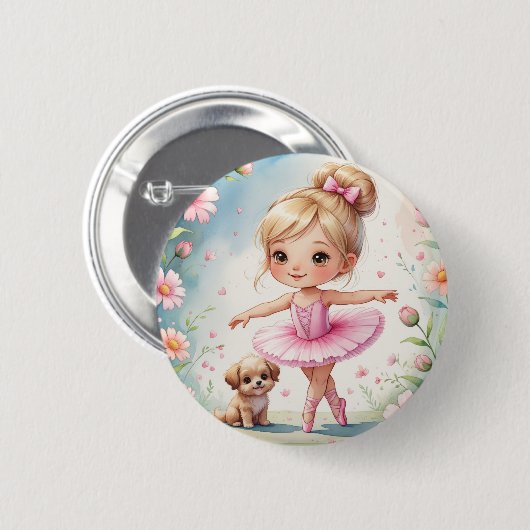 Badge Rond 5 Cm Petite Prima Ballerina enchantée et chiot (Devant & derrière)