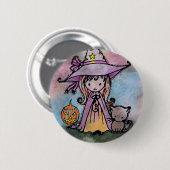 Badge Rond 5 Cm Petite sorcière et chat Halloween Pinback Button (Devant & derrière)