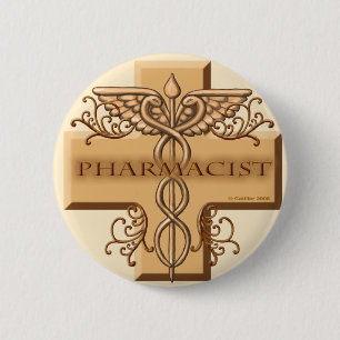 Badge Rond 5 Cm Pharmaciste Cross Caduceus