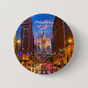 Badge Rond 5 Cm Philadelphie, États-Unis - Hôtel de ville, ciel cr